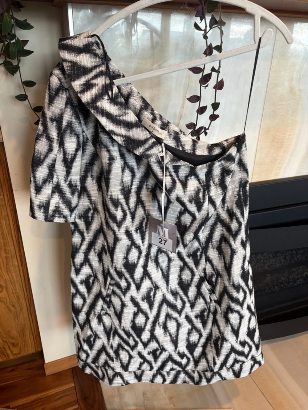 ba&sh Black and Cream One-Shoulder Mini Dress